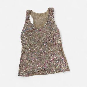 Sequin & Beaded Gold Mesh Tank Top